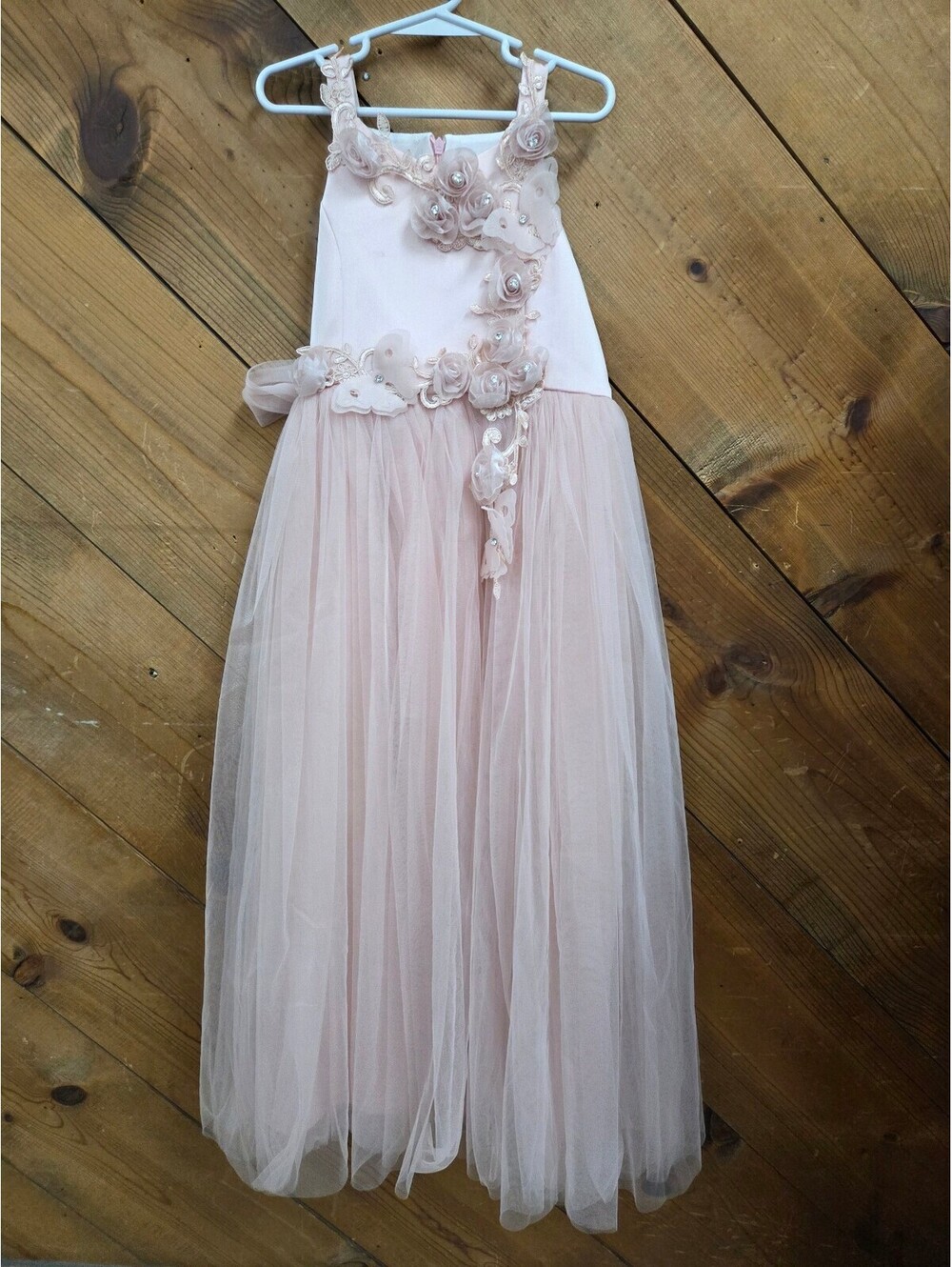 New Pariltim Girks Elegant Pink Tulle Dress with Floral Accents Size 9